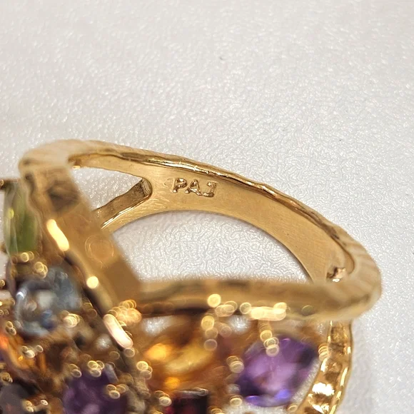 Sterling Silver Vermeil Gold Multicolor Gemstone Cluster Ring Size 6 US
